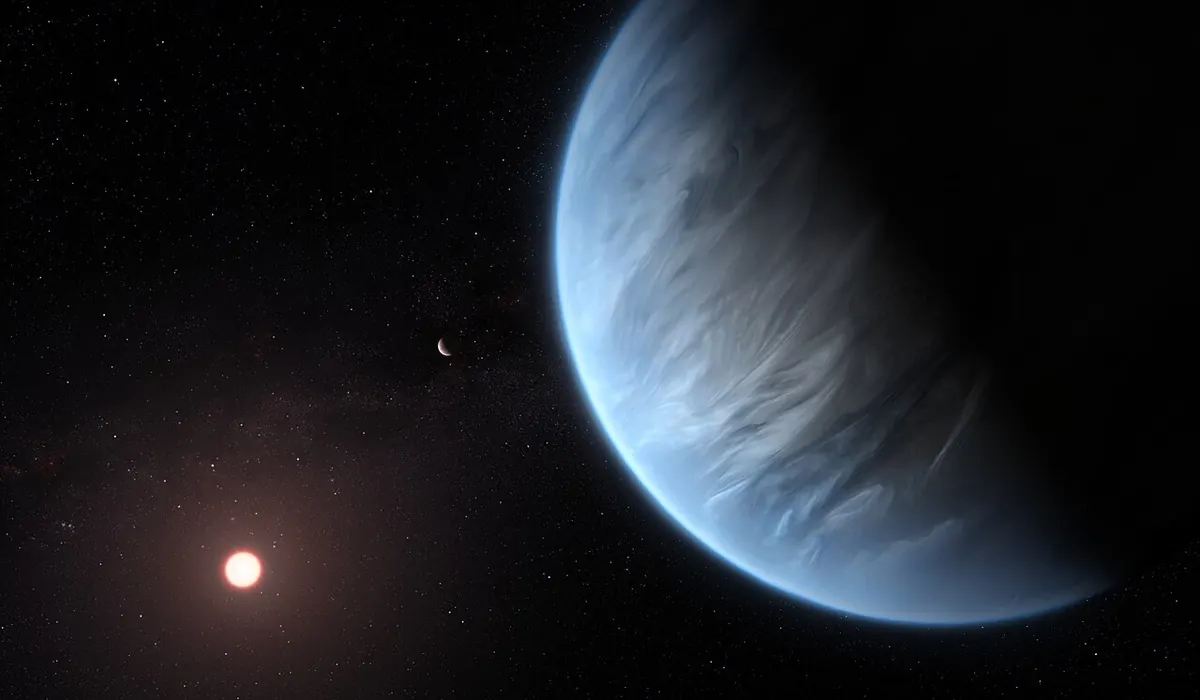 Художествено изображение на планетата K2-18 b и нейната звезда